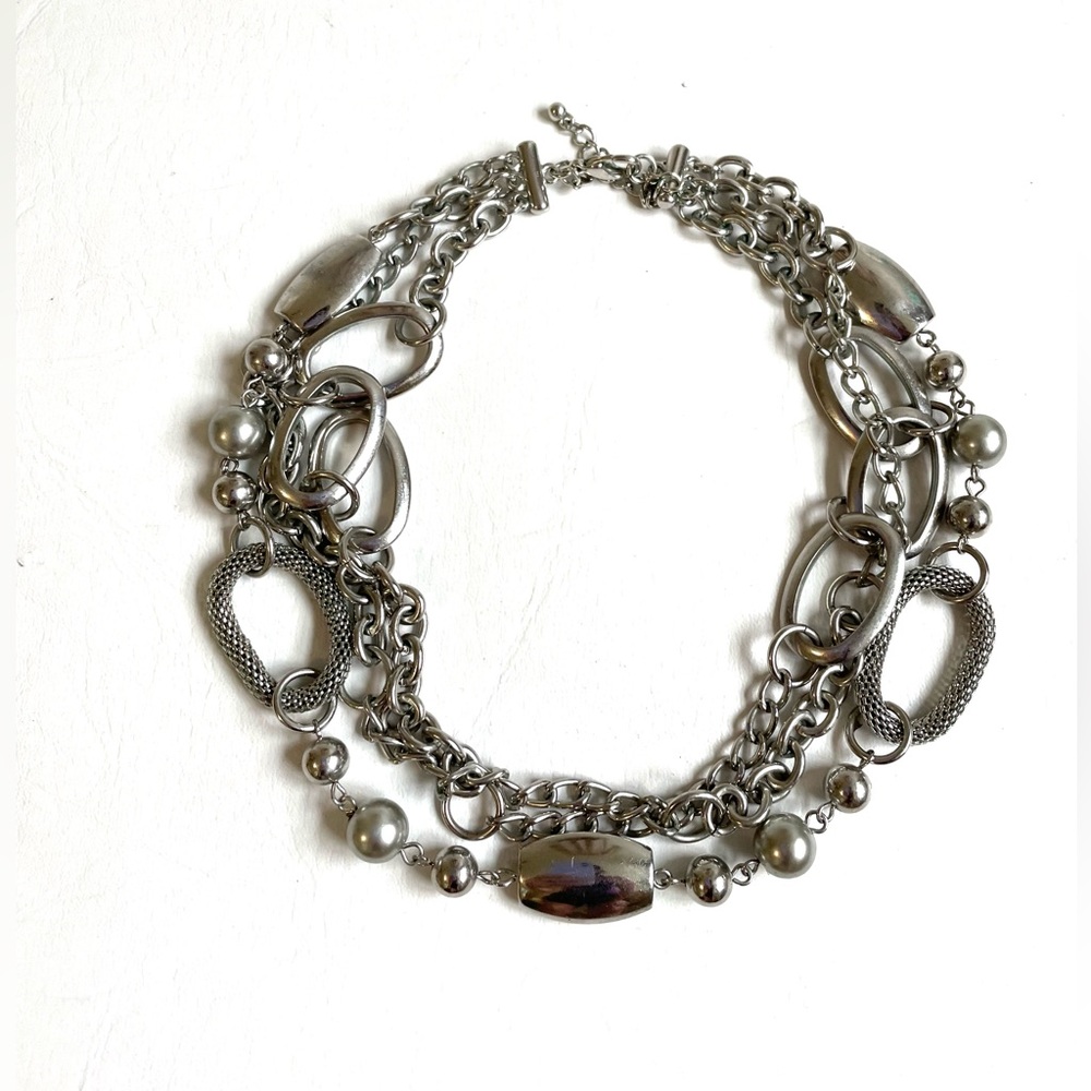 VINTAGE METAL MESH TRIPLE STRAND NECKLACE BALLS LINKS CHUNKY
